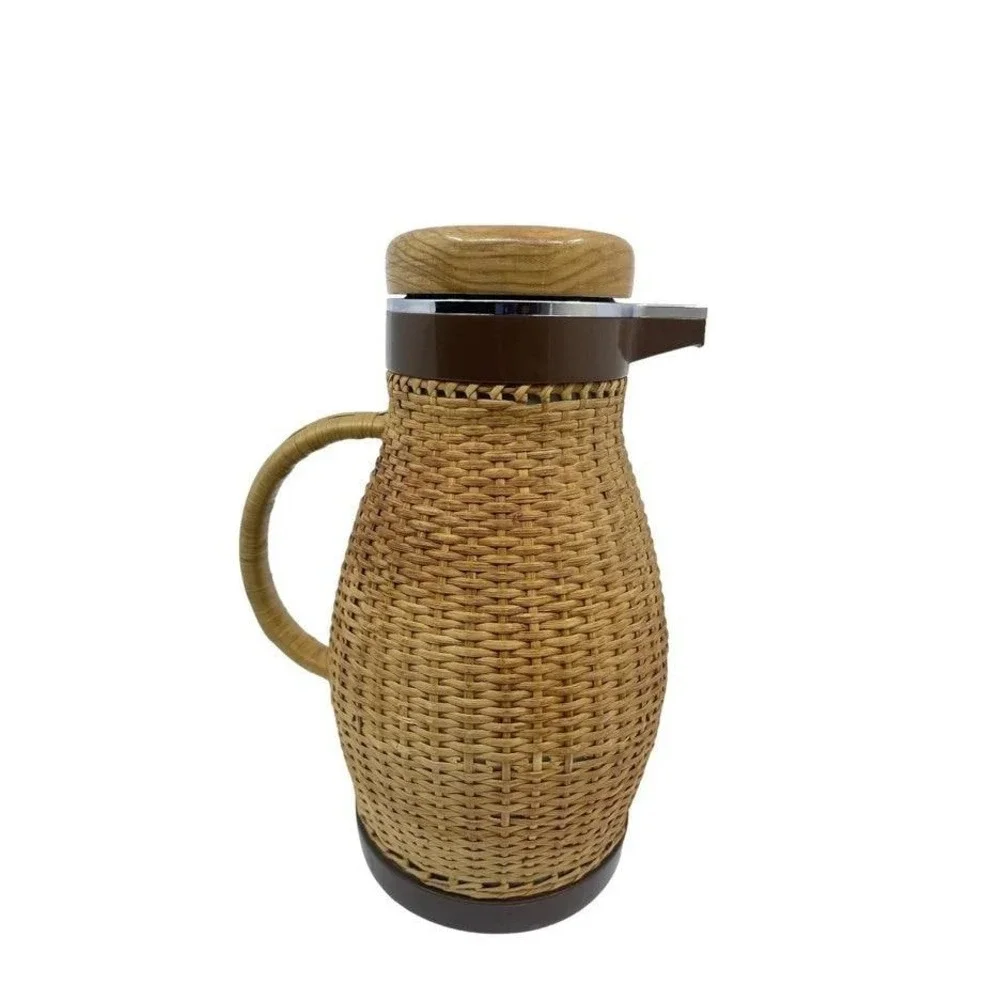 1960s Vintage Corning Ware Wicker Rattan Carafe / Coffee Dispenser